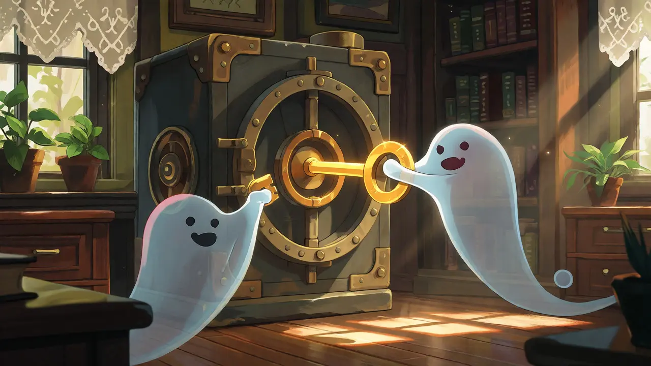 Magical spirits unlocking a secure vault in a cozy wood-paneled study