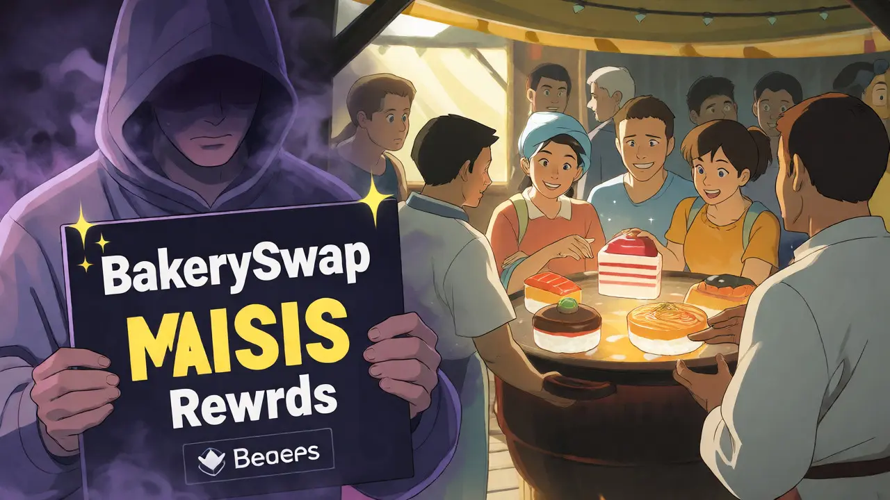 Marketplace with food-shaped NFTs and a shadowy figure holding a reward sign in the background.