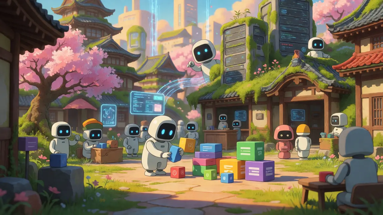 Miniature AI agents working in a vibrant, stylized digital cityscape with natural elements.