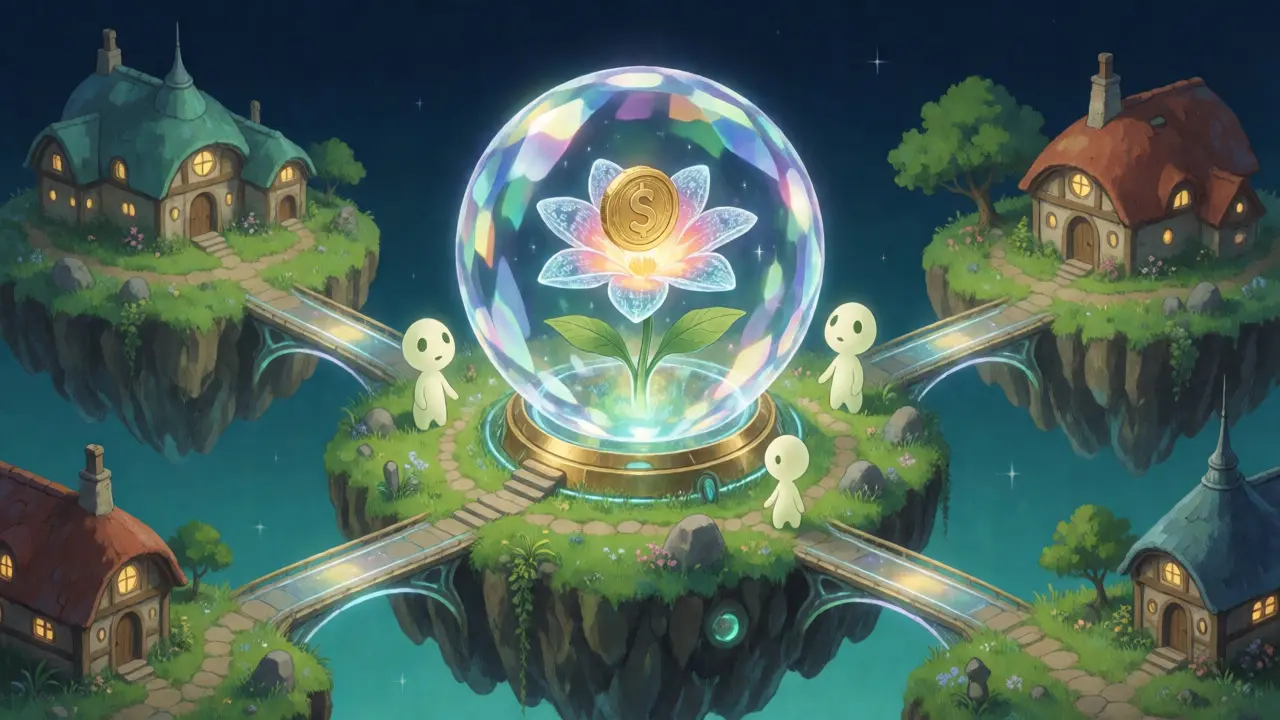Protected crystal sphere with golden flowers on floating islands.