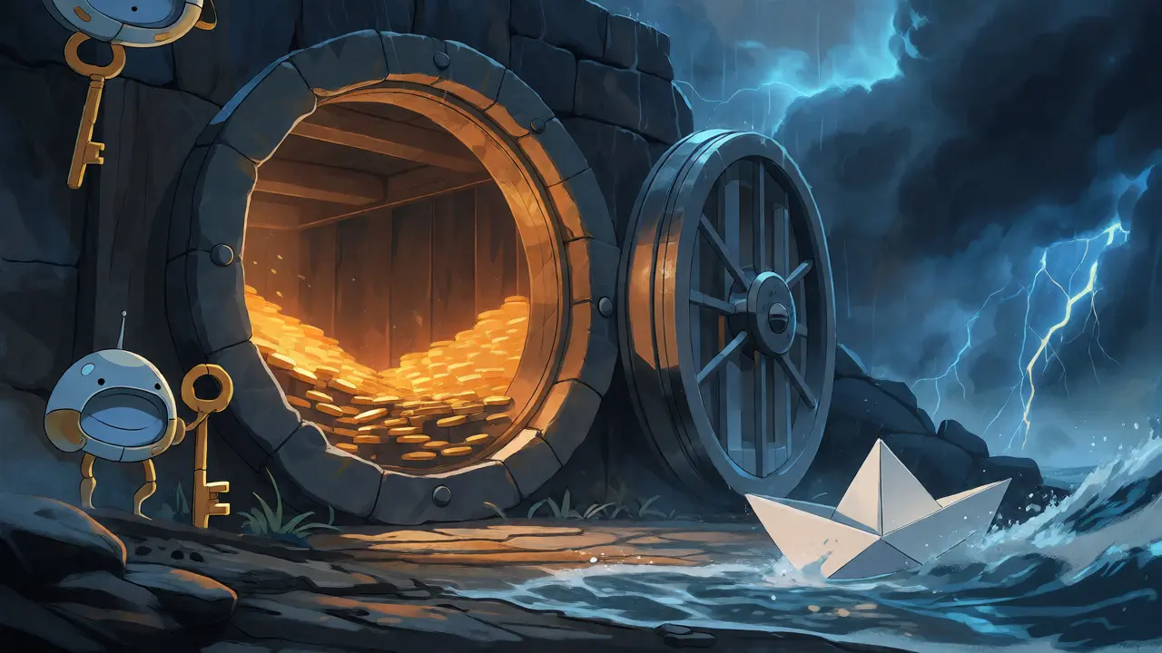 Secure stone vault with gold coins guarded by spirits against a stormy sea.