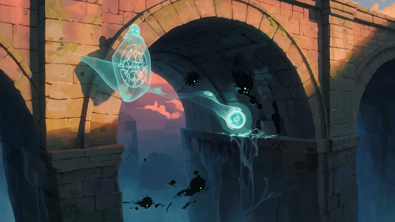 Shadowy creatures stealing value from a guarded crypto bridge