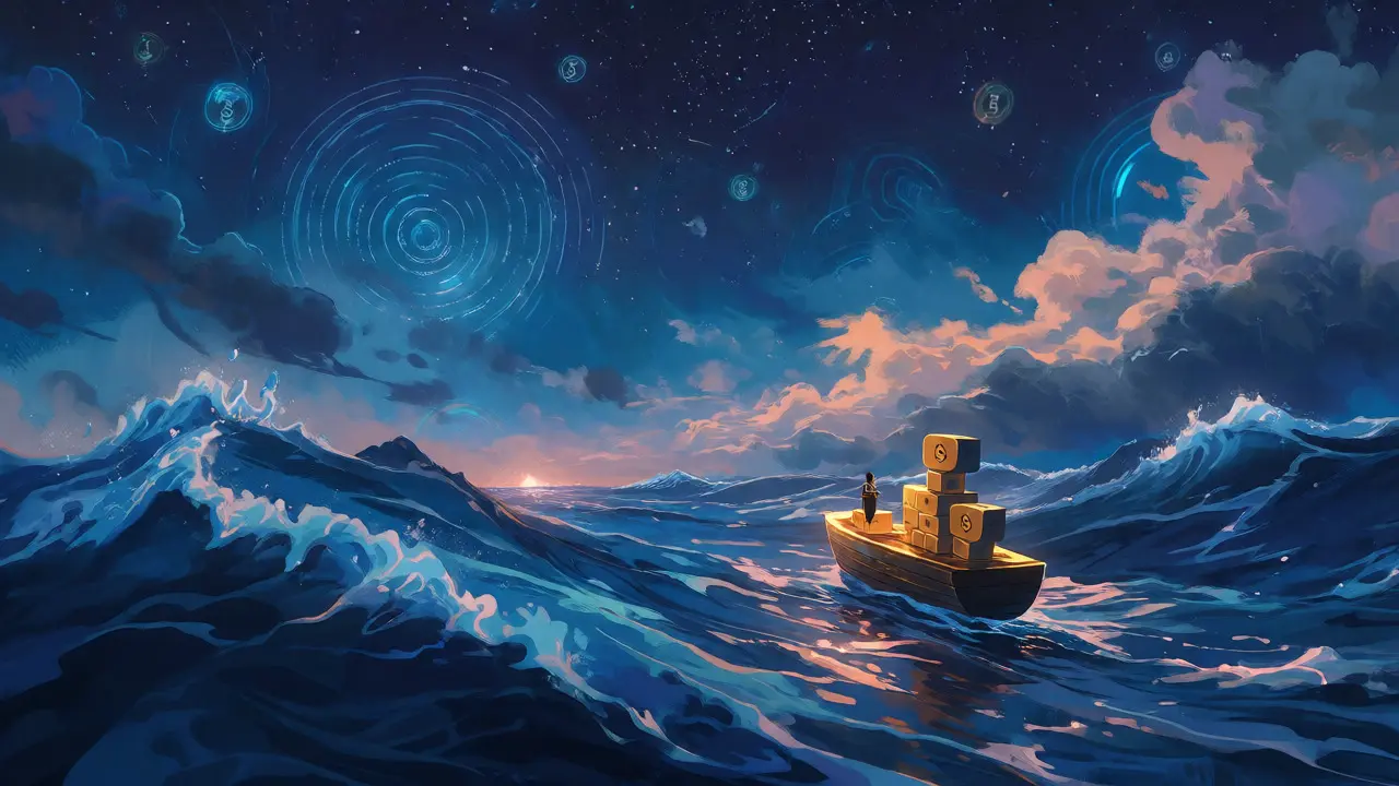 Small block boat sailing on a vast ocean toward a glowing island, representing market journey.