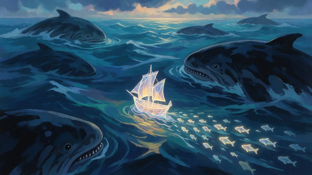 Small glowing ship navigating a stormy sea surrounded by giant leviathan competitors.