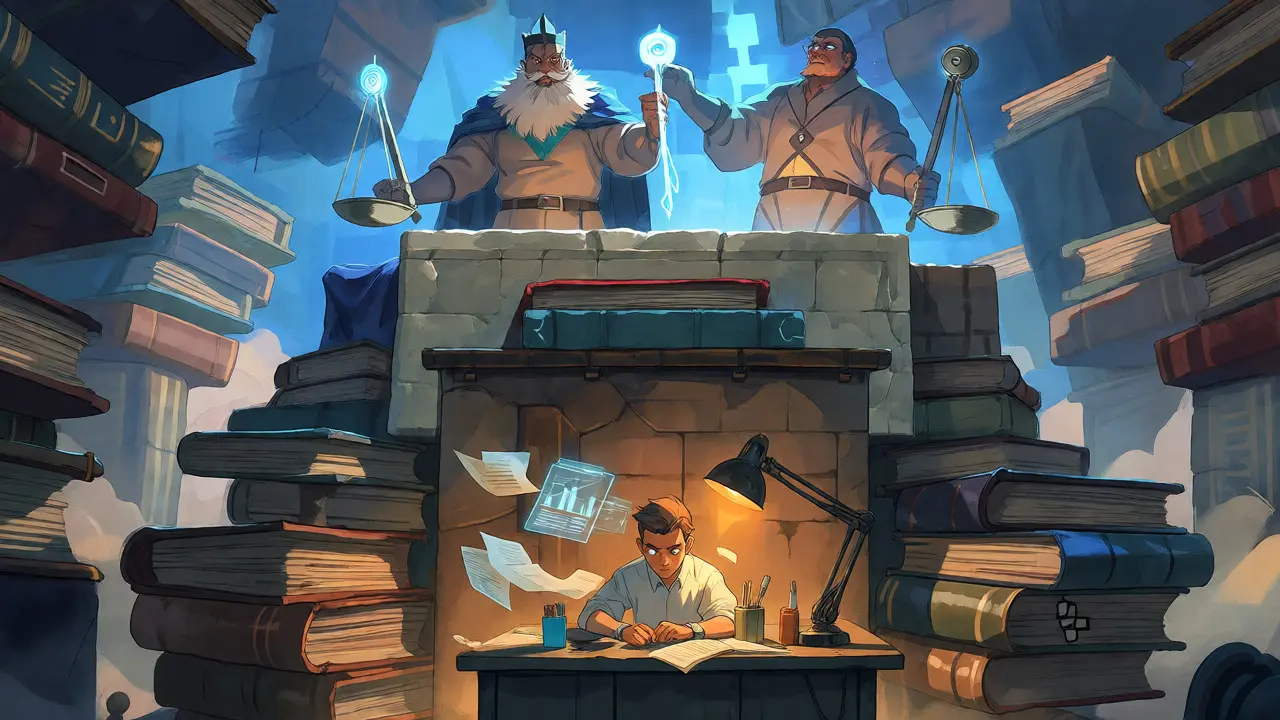 Small startup office dwarfed by a massive book-fortress guarded by two regulatory figures.