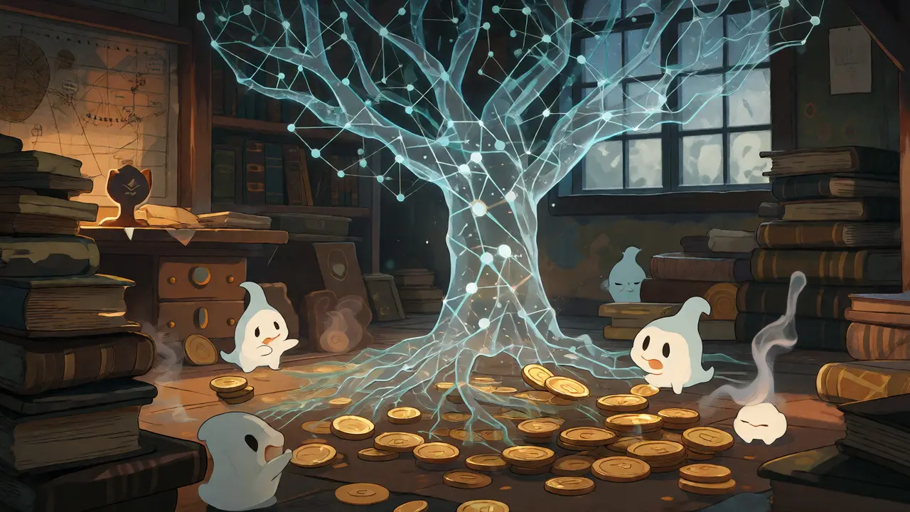 Spirit creatures organizing digital coins in a mystical study room representing complex smart contract risks.