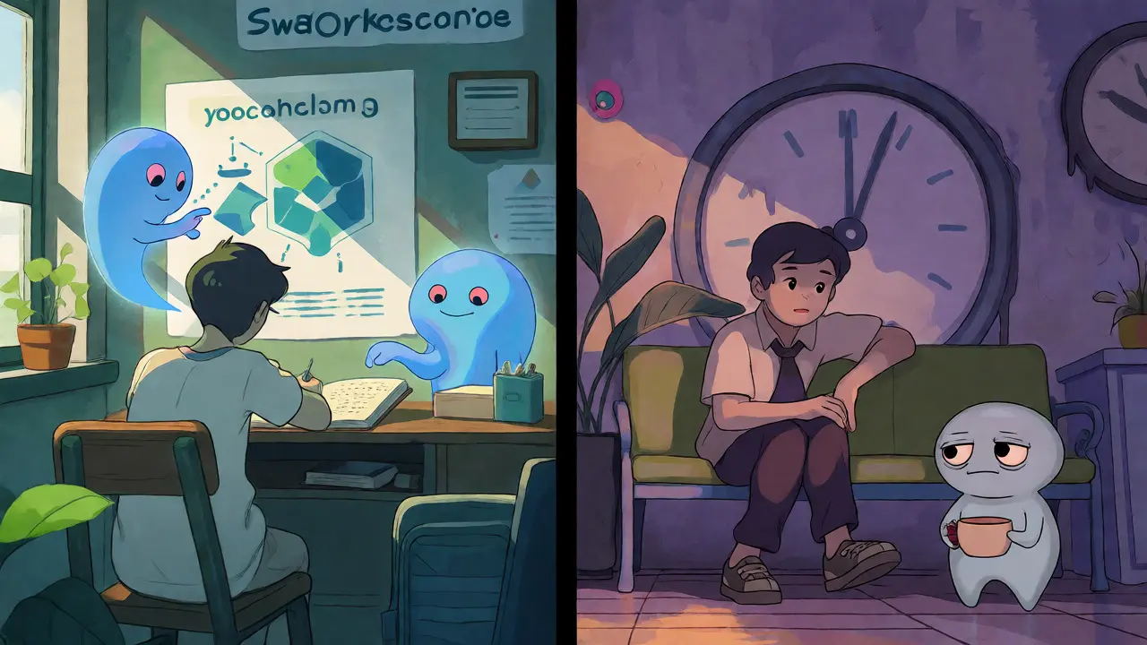 Split scene showing easy learning vs slow withdrawals with spirit guides