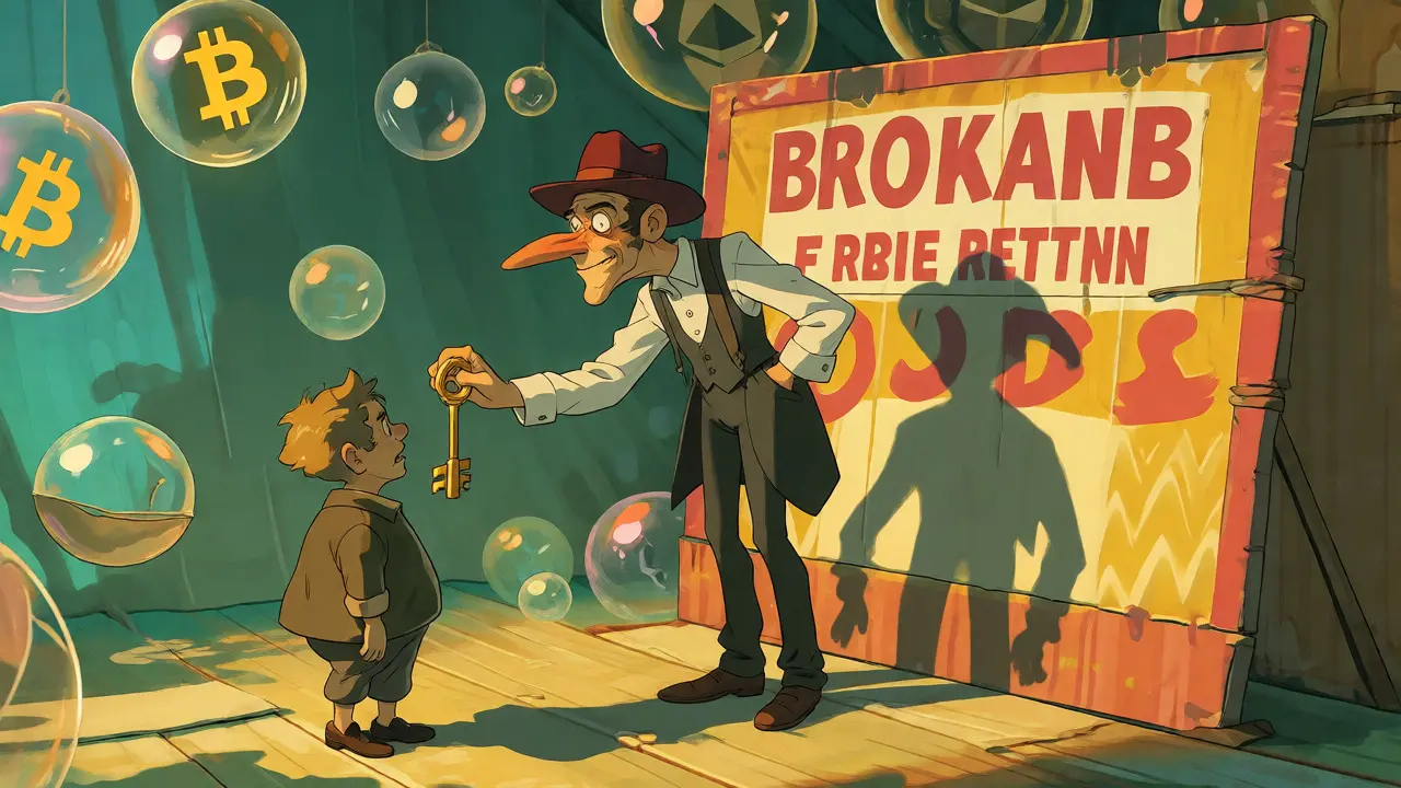 Suspicious broker offering a golden key beside a flimsy ad board to an anxious investor.