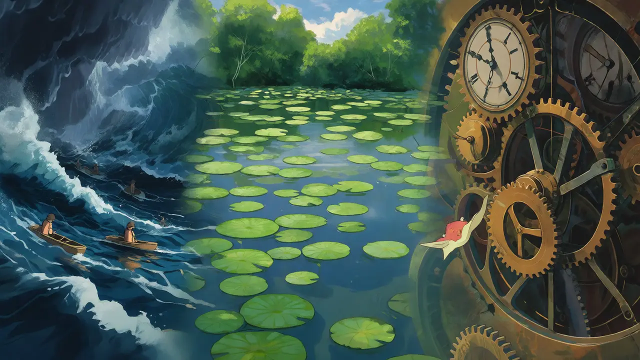 Three distinct magical landscapes representing different AMM designs: stormy sea, calm lake, and clockwork gears.
