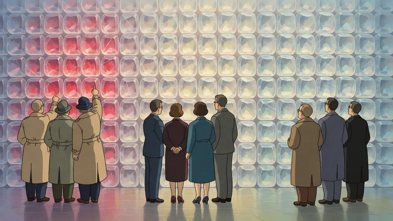 Three groups inspecting a crystalline ledger wall showing tainted transactions