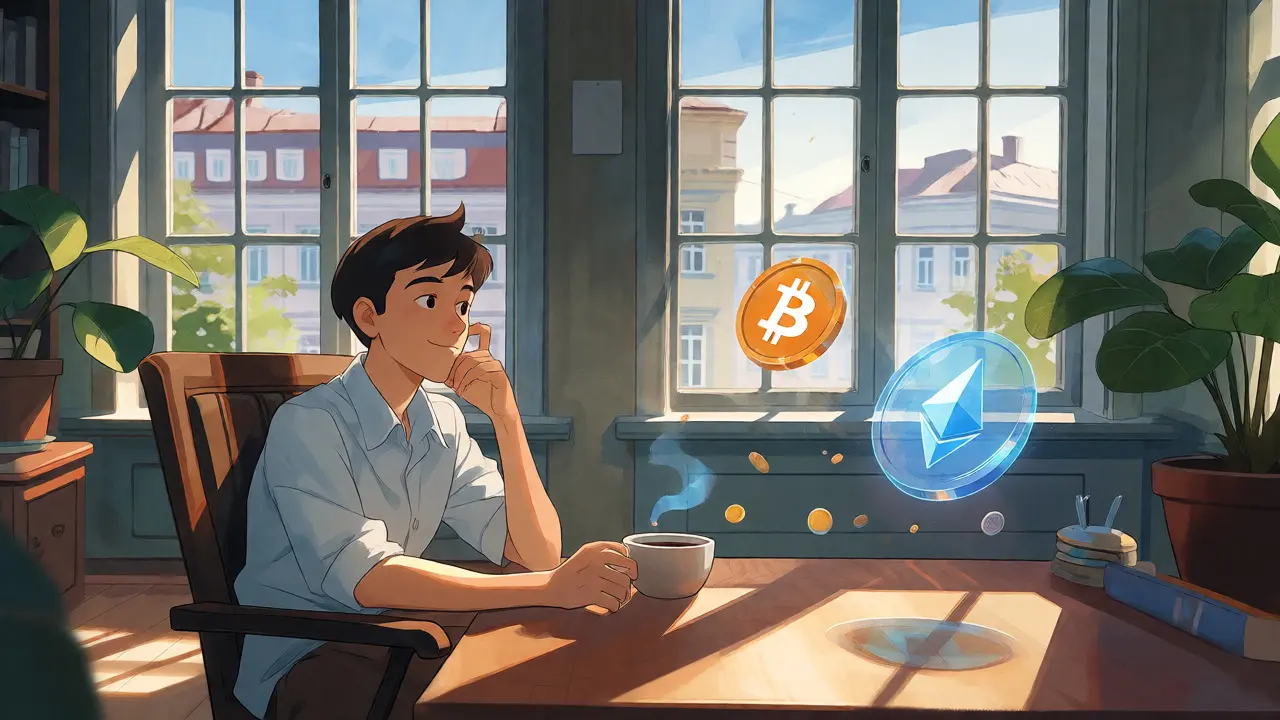 Trader relaxing with crypto assets in EU office