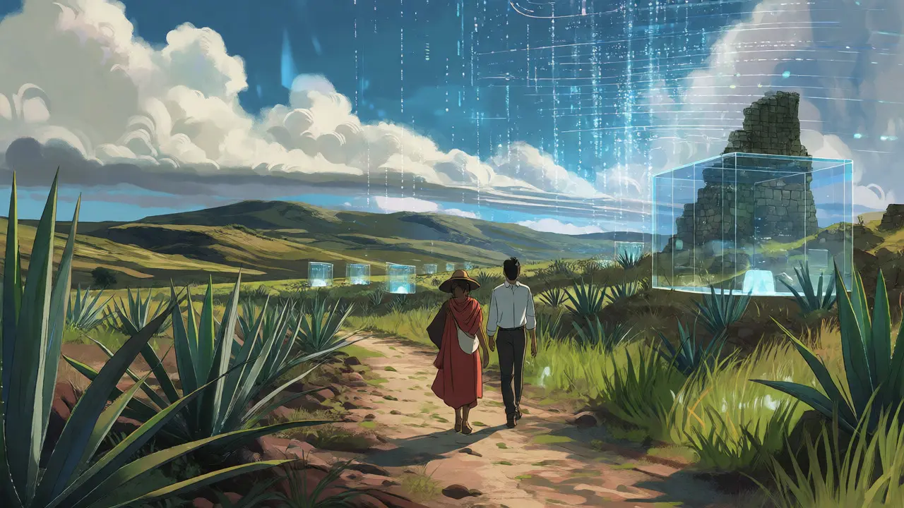 Two people walking through agave fields toward a horizon blending ruins and digital data streams.
