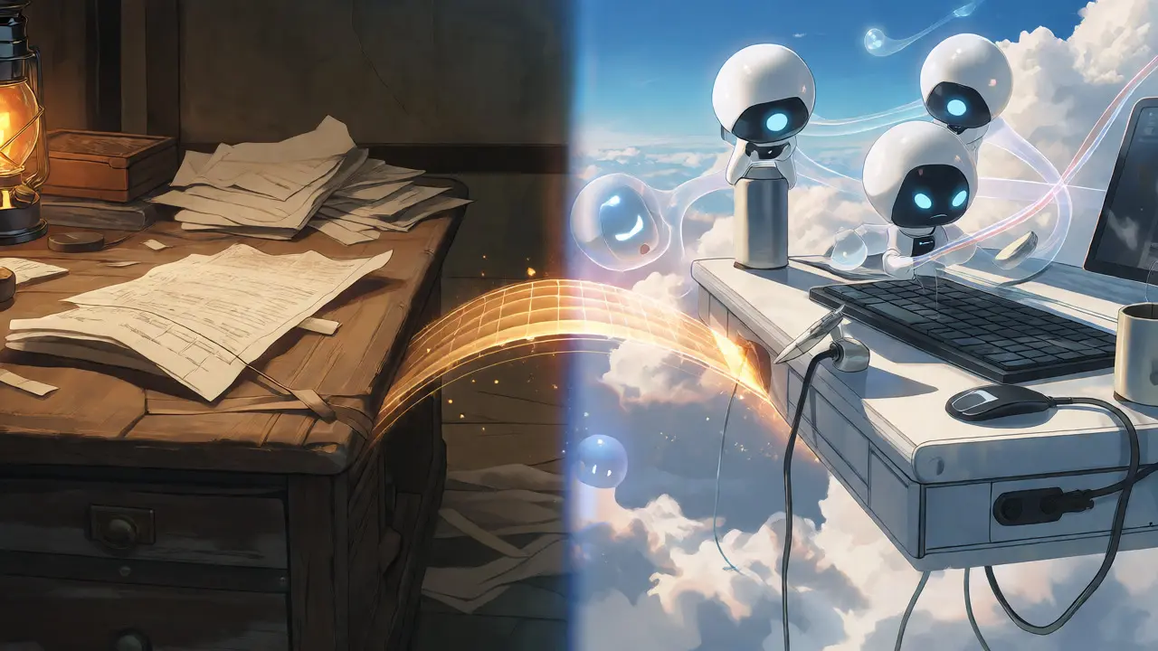 Visual metaphor of evolving from legacy systems to modern AI-driven blockchain tools.