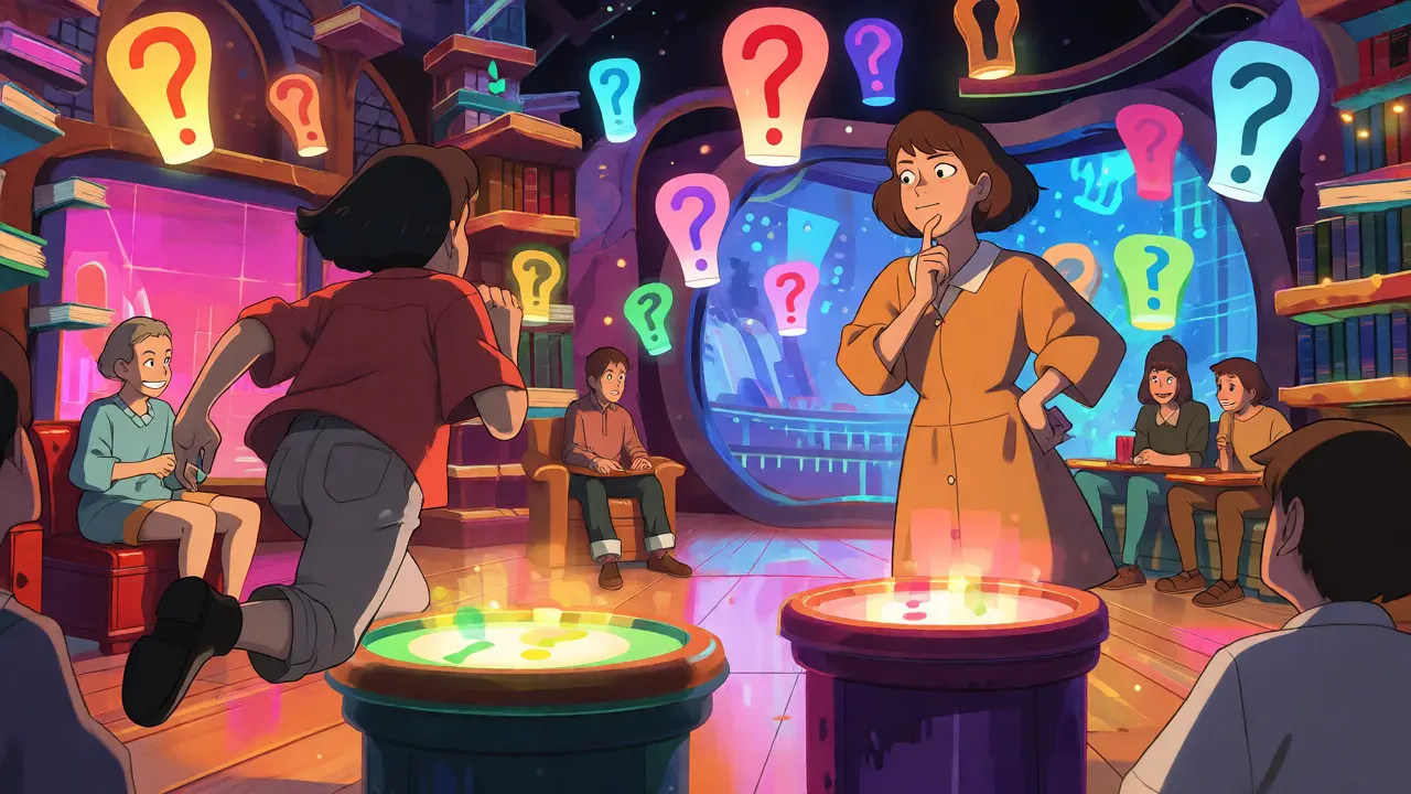 Whimsical anime trivia battle scene with characters competing in a fantasy game show arena.