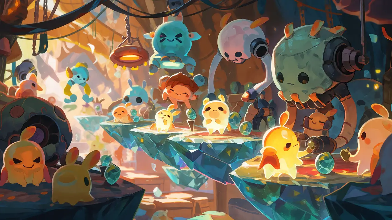Whimsical crypto marketplace with spirits completing tasks on floating platforms
