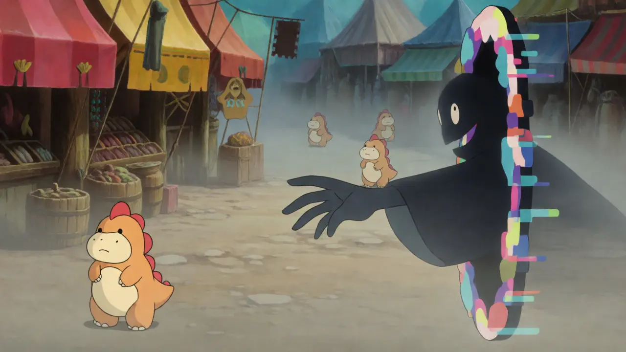 Whimsical dinosaurs in a foggy market facing a shadowy scammer figure