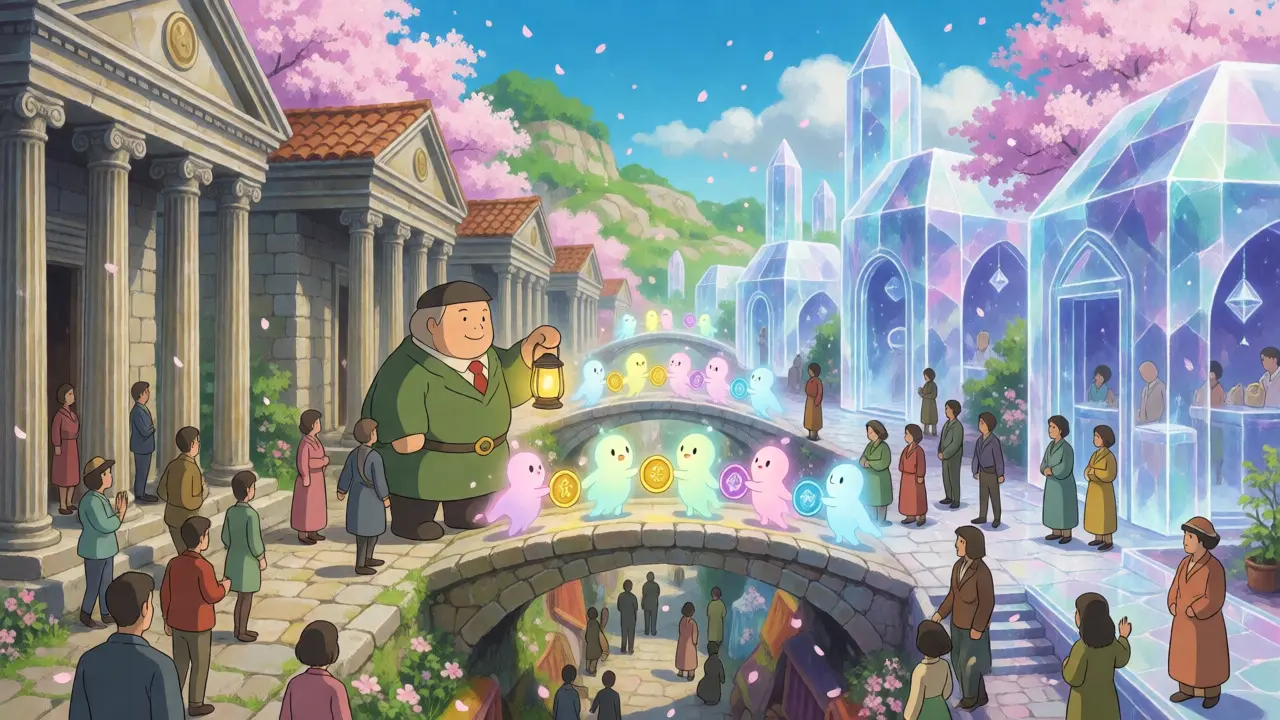 Whimsical market scene linking traditional banks and crypto exchanges via data spirits