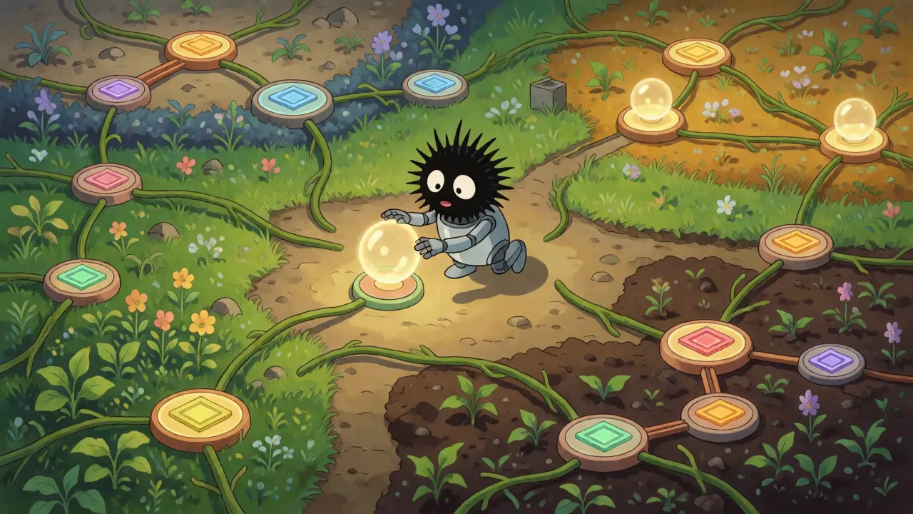 Whimsical robot guiding glowing orbs through a garden-like blockchain network