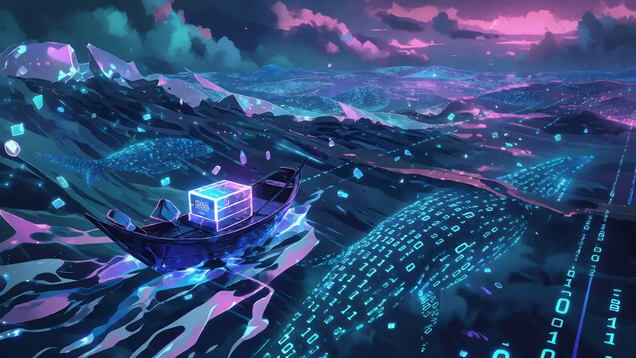 A boat navigating an ocean of data shards with digital whales below, anime style.