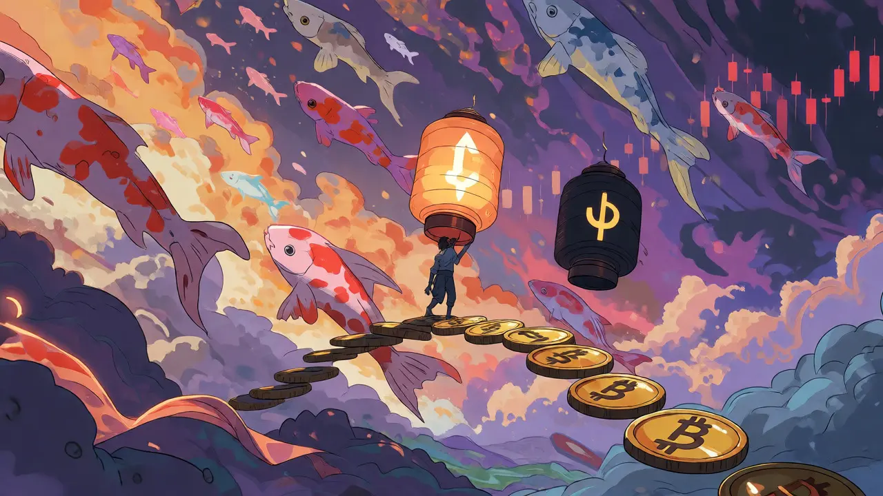 A figure balances lanterns on a coin bridge over a surreal sky filled with crypto symbols.