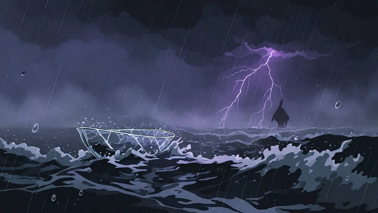 A fragile glass boat on stormy seas under lightning, symbolizing DeFi risks in Studio Ghibli art.