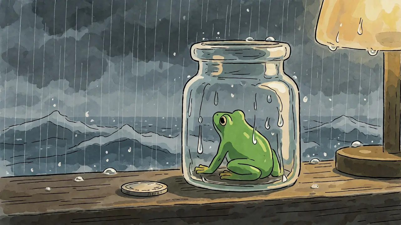 A frog figurine in a jar looking at a stormy sea