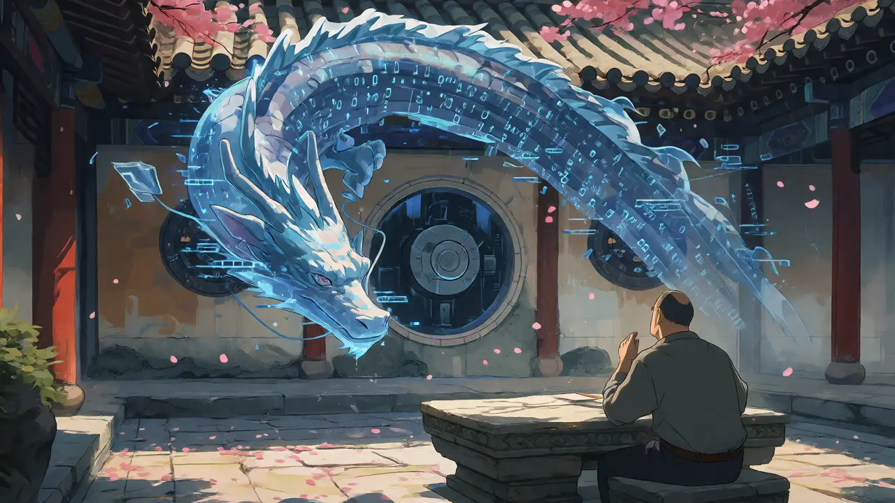 A glitching data dragon protecting a vault in a traditional Chinese courtyard.