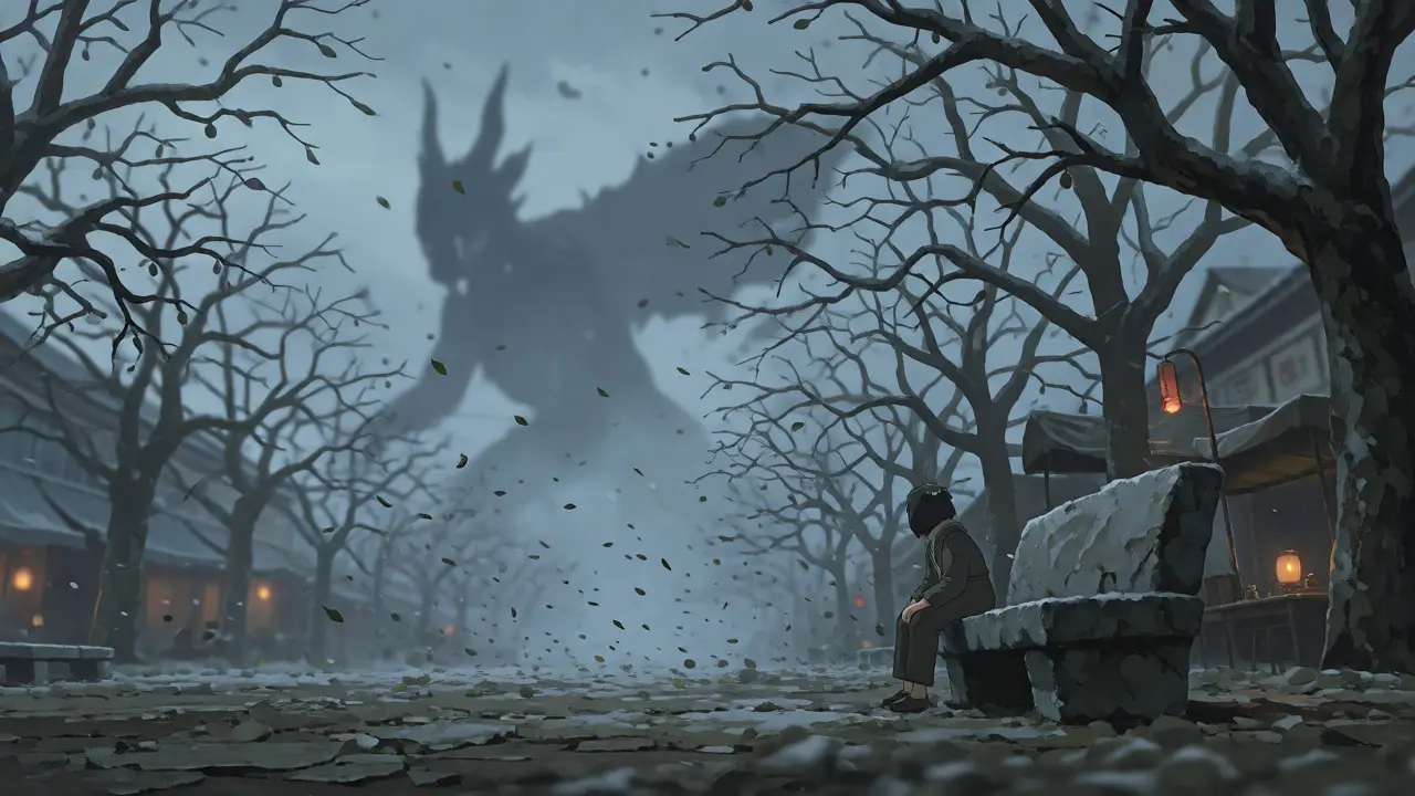 A lonely figure in a dusty marketplace with a distant shadowy dragon