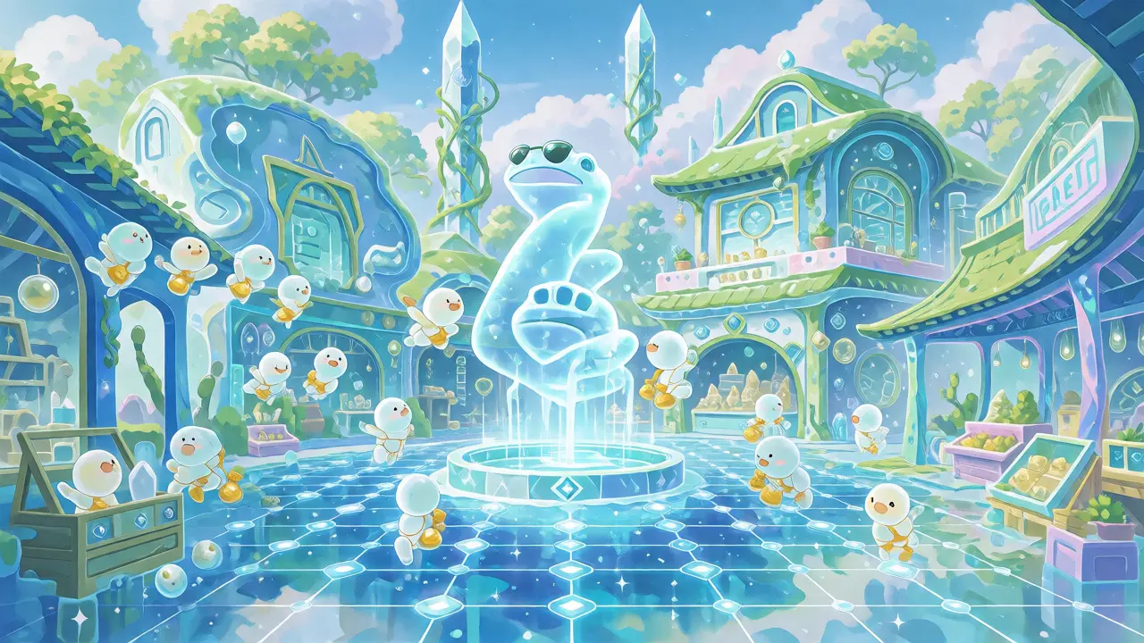 A magical floating island with a frog spirit on a blockchain