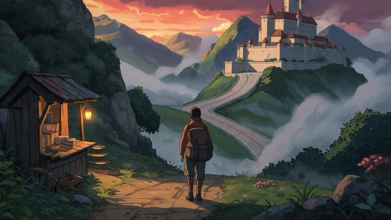 A traveler choosing between a small stall and a large fortress at a mountain crossroads.