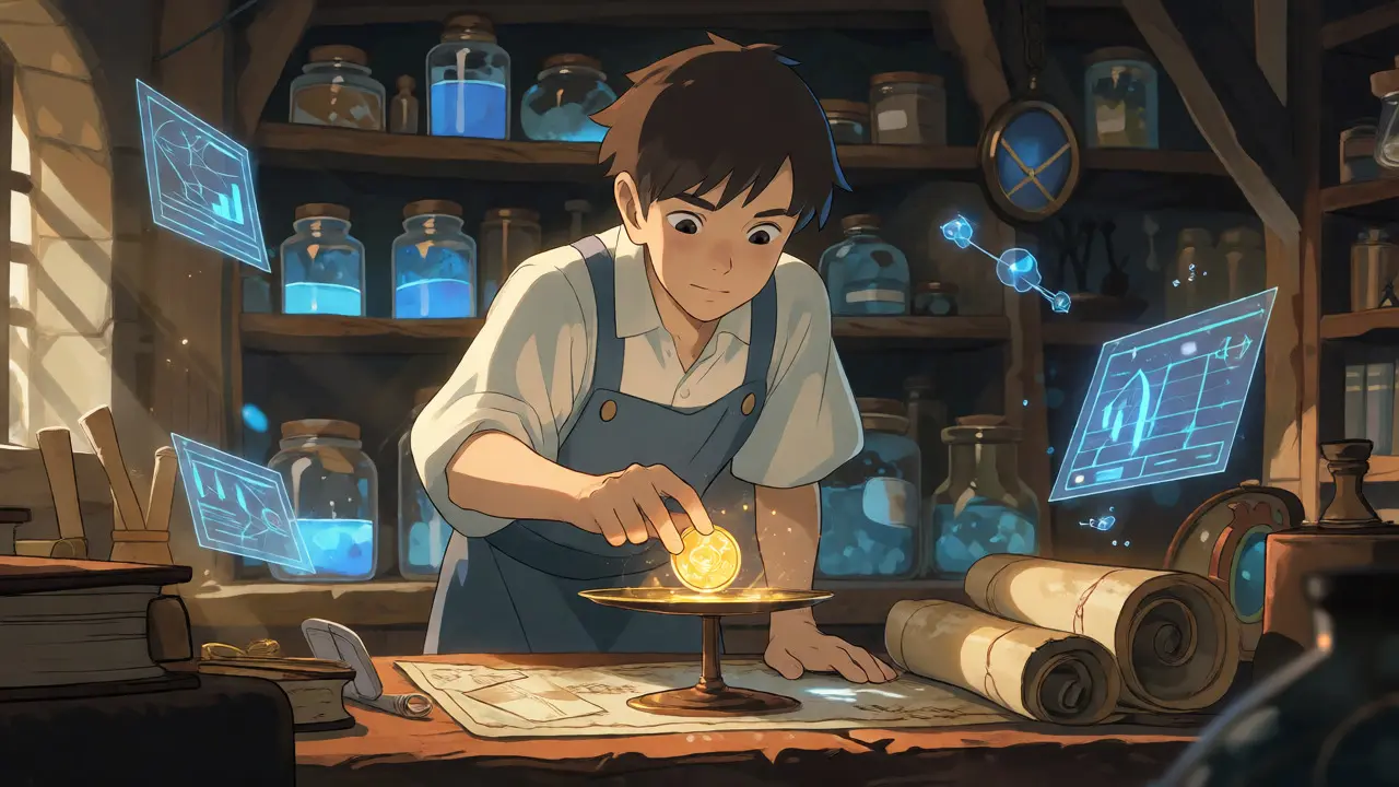 Apprentice placing a glowing gold coin on a scale in a magical workshop.