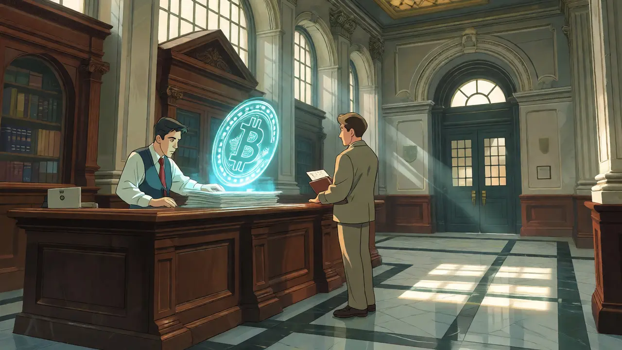Bank officer reviewing a glowing digital asset hologram in a grand branch
