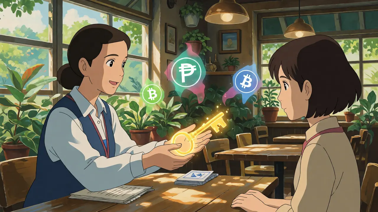 Bank representative handing a glowing key to a customer in a sunlit café, surrounded by floating peso and bitcoin icons.