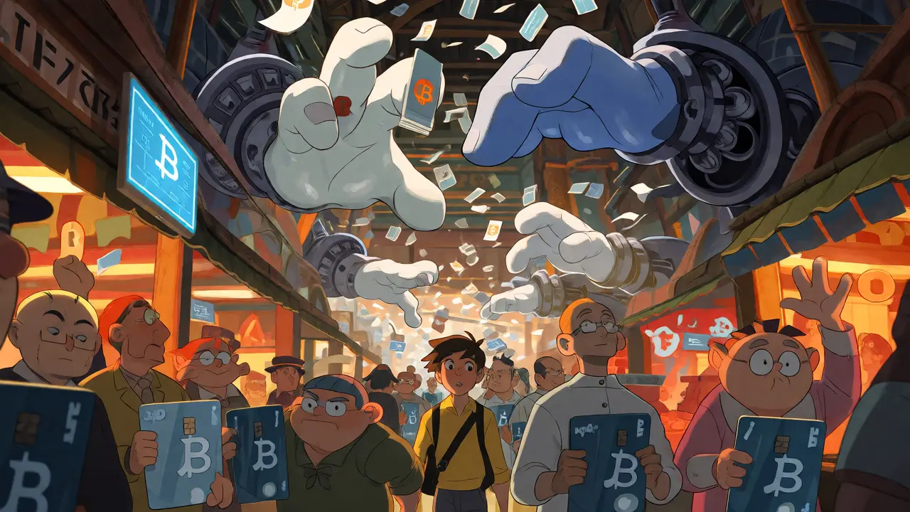 Chaotic market scene with mechanical hands grabbing crypto