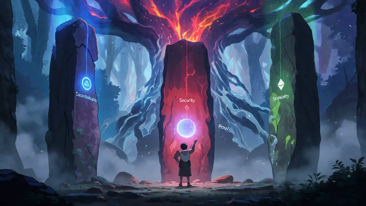Character balancing three elemental pillars representing the blockchain trilemma in a misty forest.