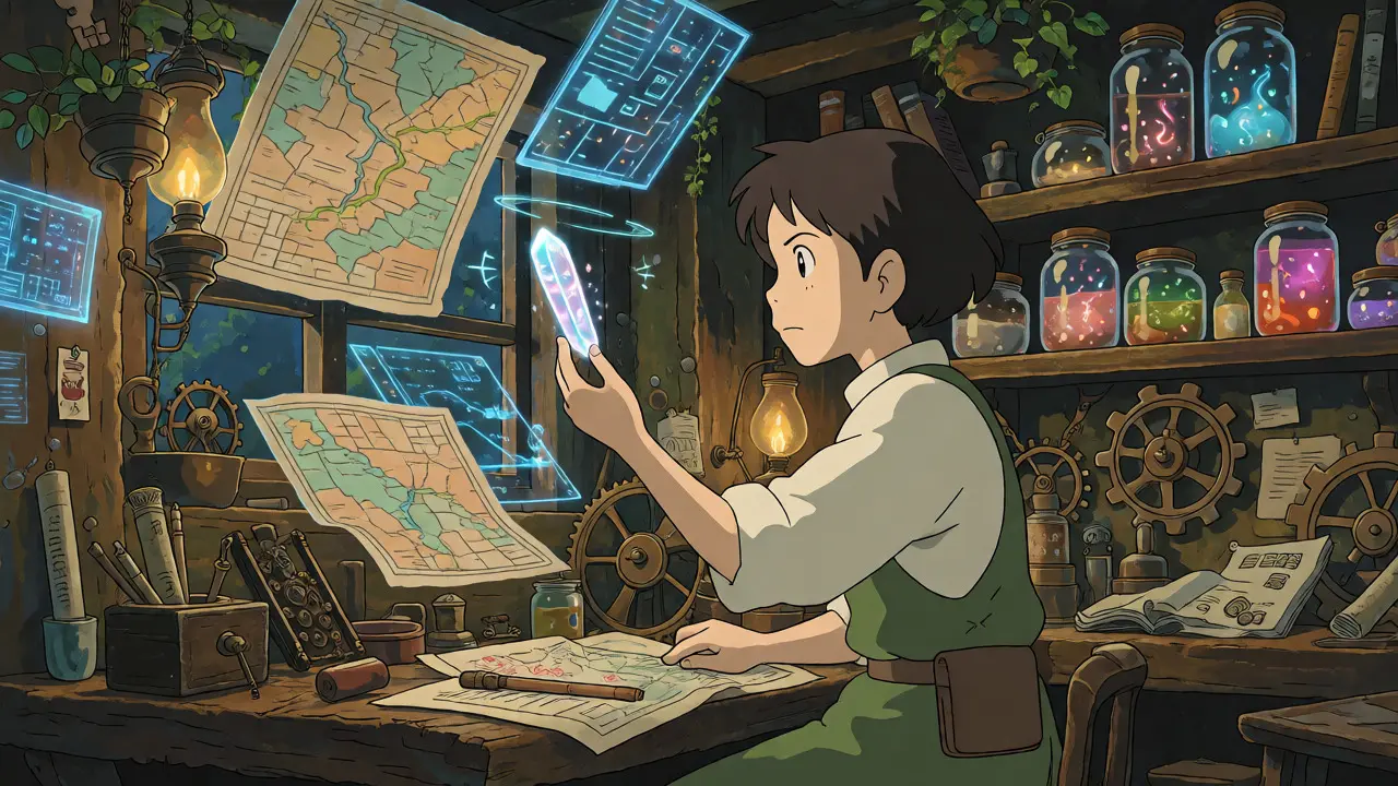 Character examining a floating token in a magical workshop