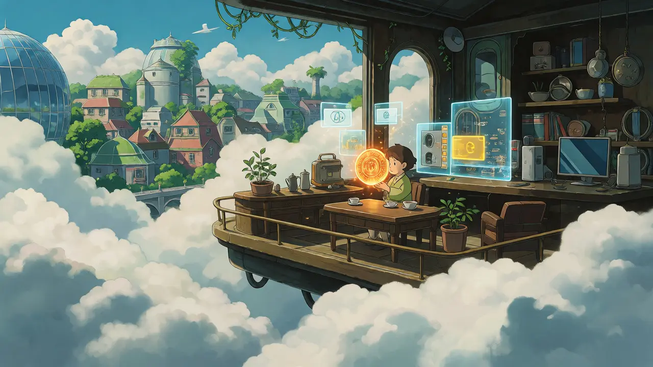 Character holding glowing WIRE token orb in a floating cloud tea room