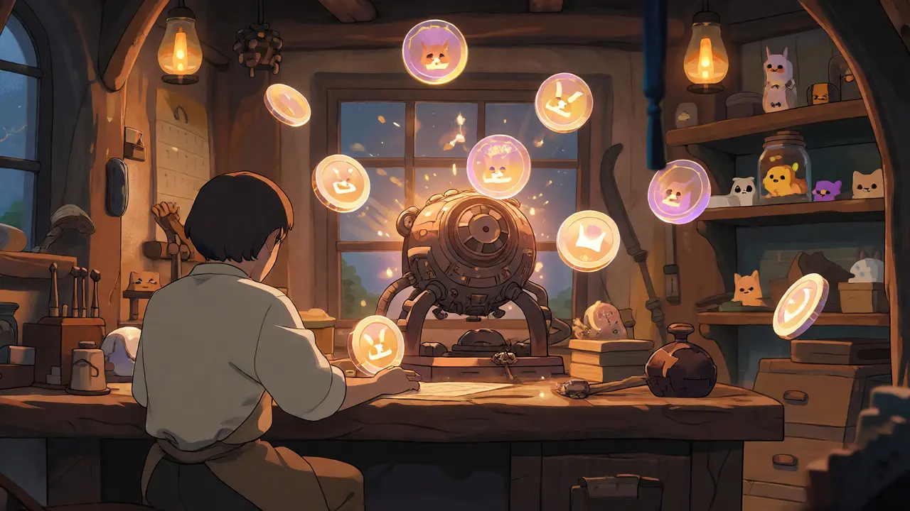 Character managing glowing MOWA tokens in magical workshop
