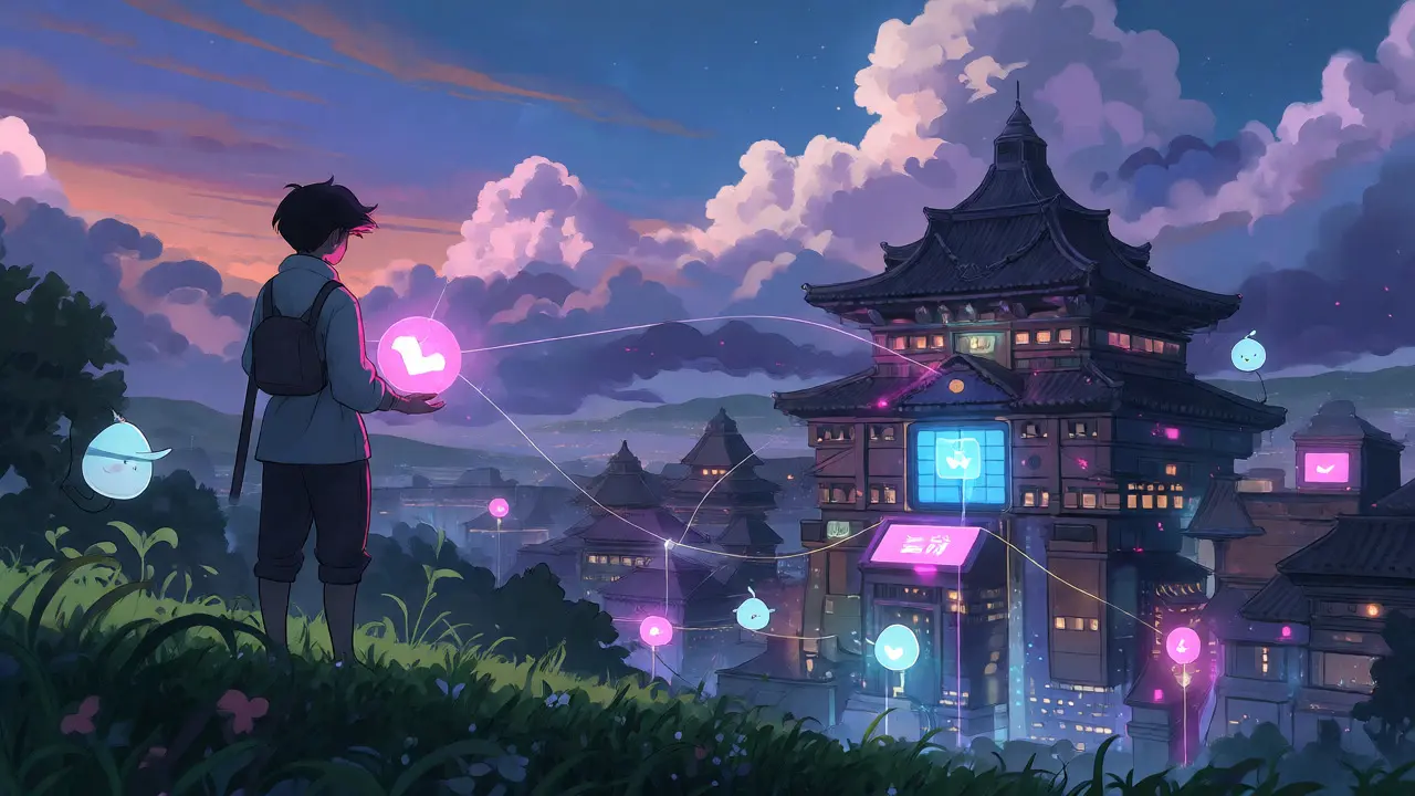 Character on hill connecting token orb to a futuristic digital city