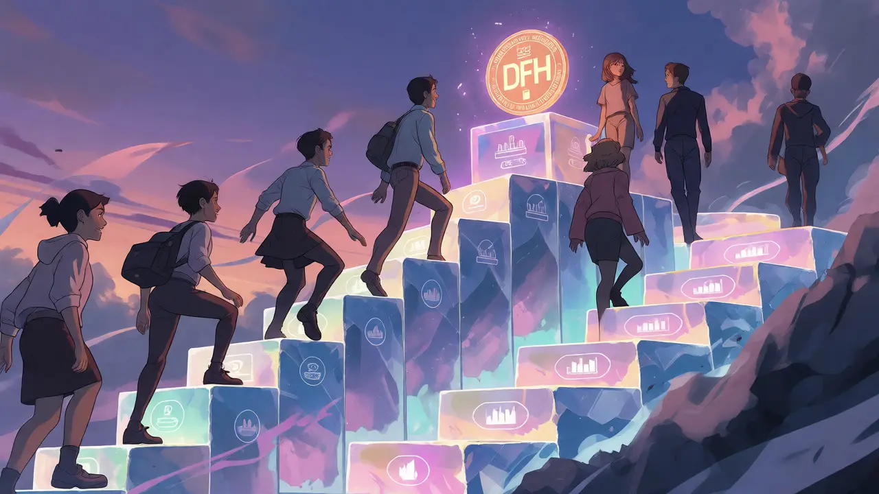 Characters climbing a crystal staircase toward the glowing DFH token reward