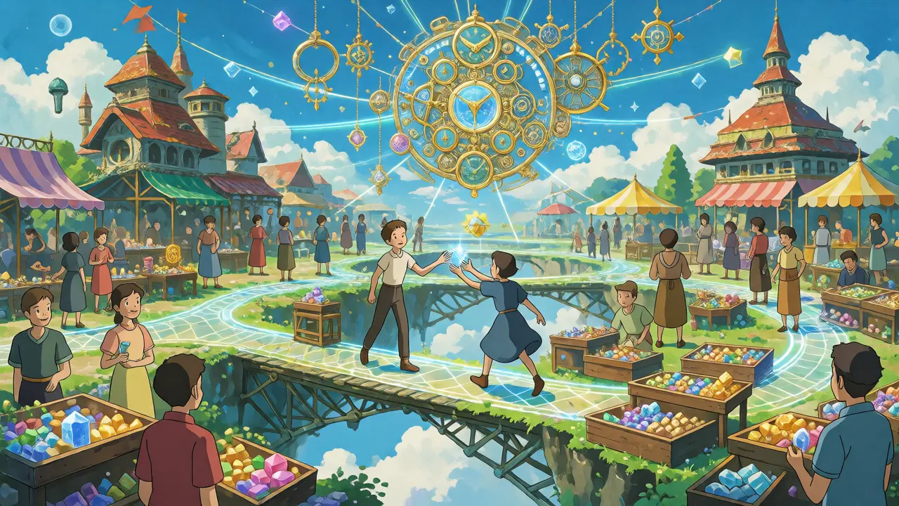 Characters trading glowing crystals on floating islands in a vibrant Studio Ghibli marketplace.