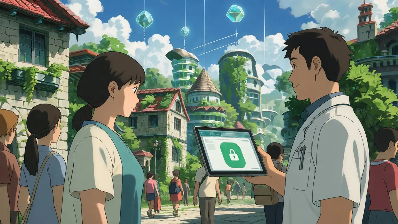 Citizens in a futuristic garden city using secure digital health records, anime art.