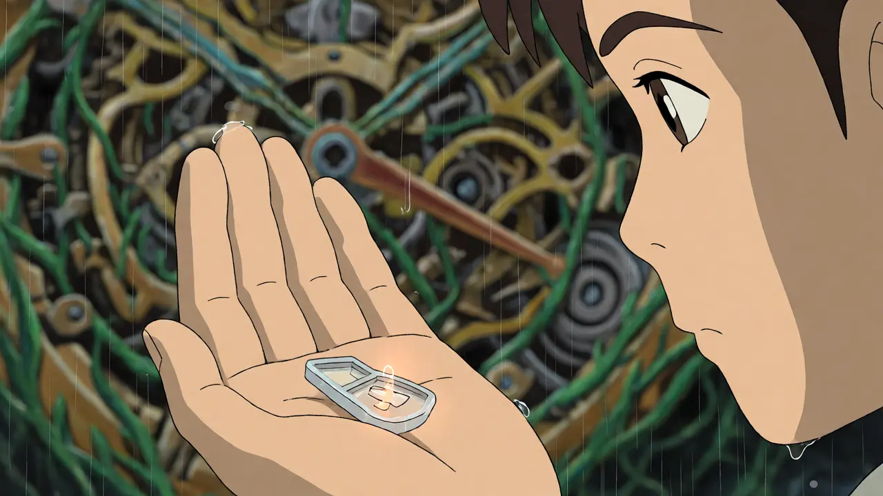 Close-up of hands holding a dimly glowing token in the rain