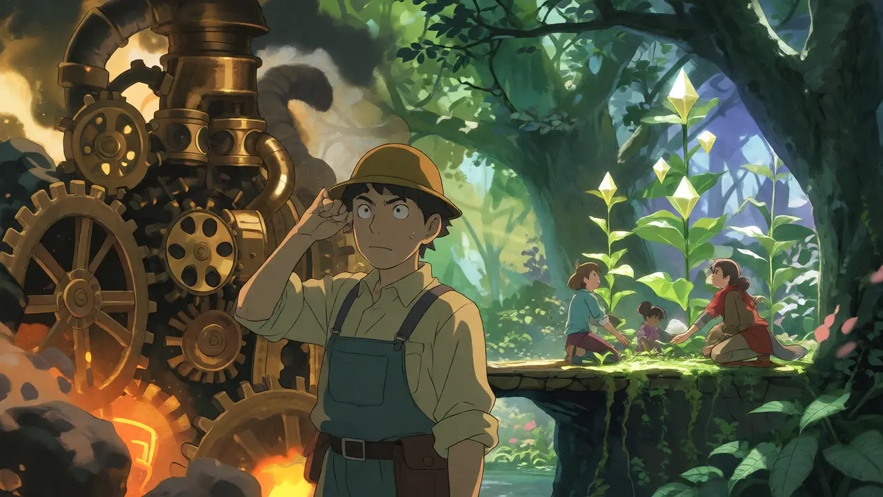 Contrast between steam-powered mining rigs and peaceful staking gardens in an anime style.