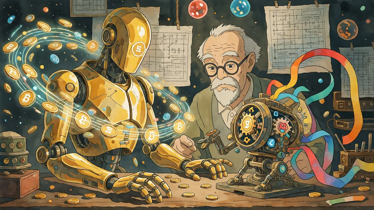 Craftsman comparing two mechanical crypto avatars in a magical workshop