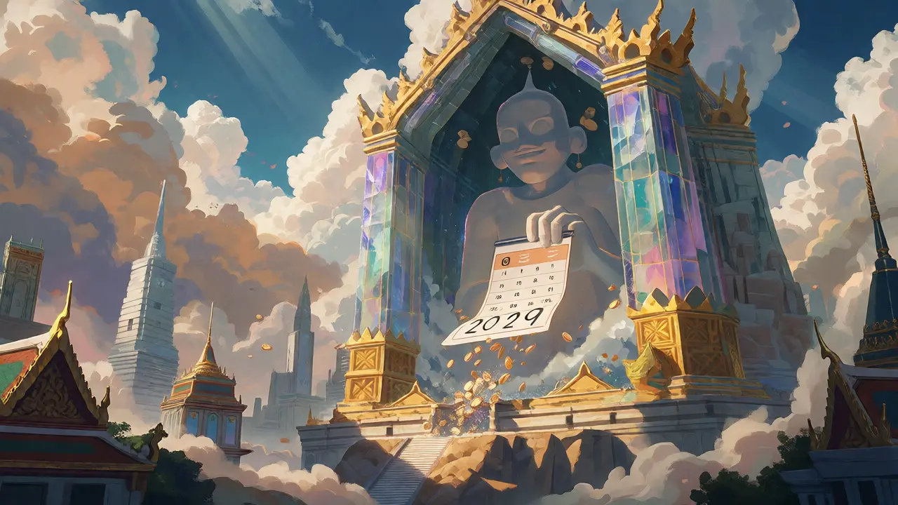 Crystal temple holding a calendar indicating the 2029 tax deadline.