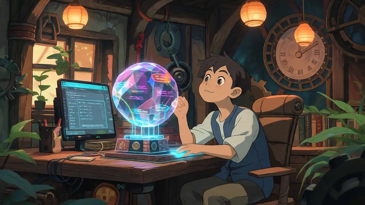 Developer working with a unified holographic crystal in a cozy room