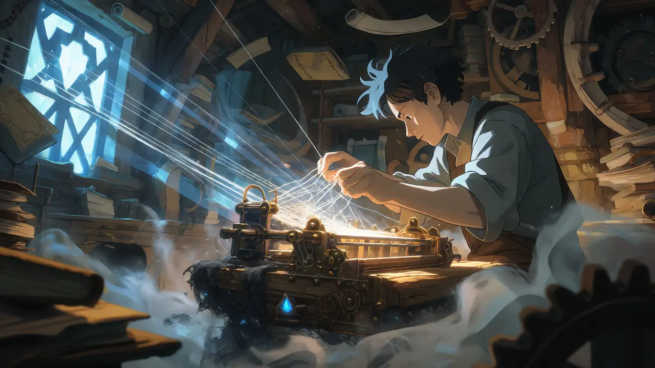 Engineer weaving light threads into a shadowy fabric in a workshop