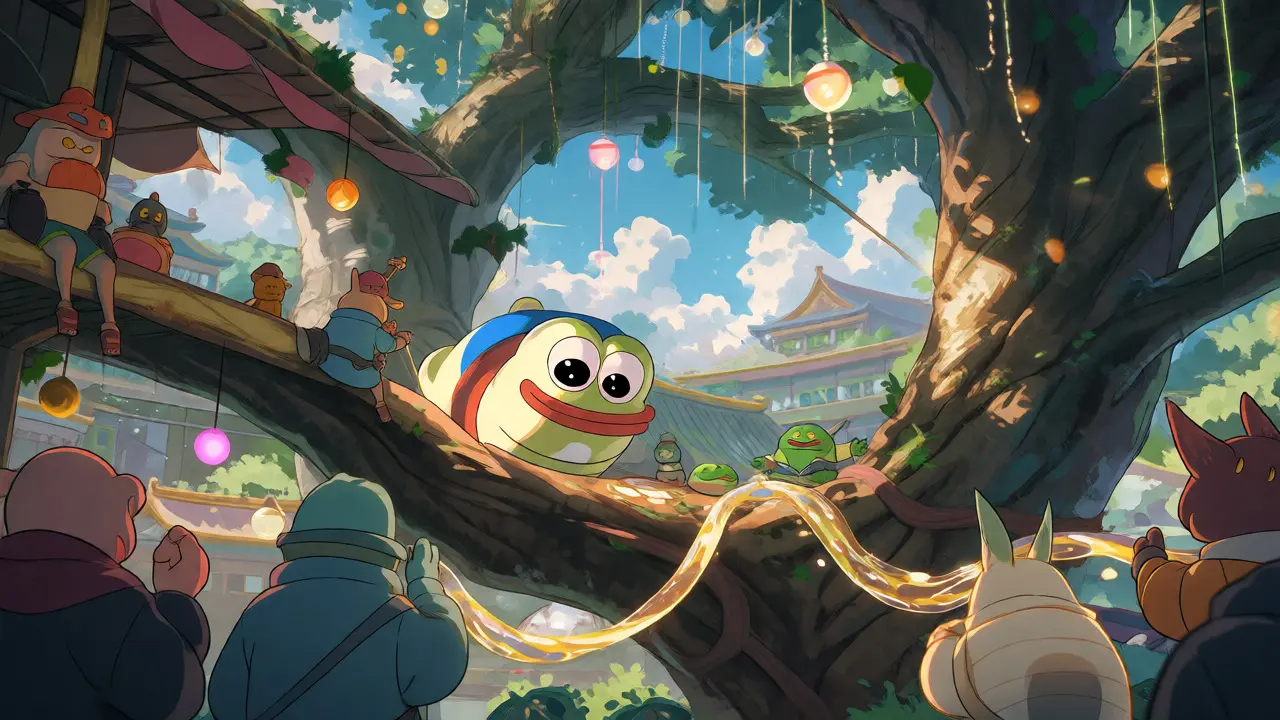 Fantastical tree-top market with frog mascot and trading spirits