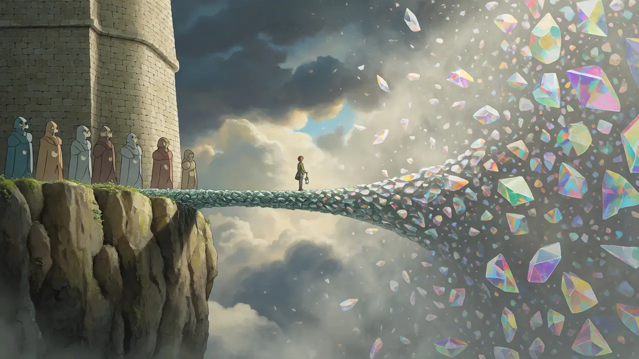 Figure crossing a glass bridge between a fortress and a crystal void.